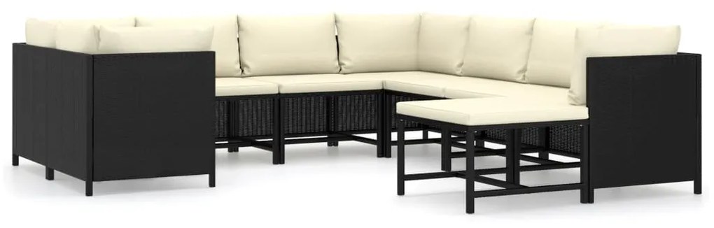 Set divani da giardino 9 pz con cuscini in polyrattan nero