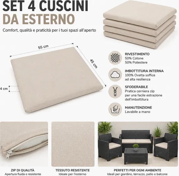 Cuscini Esterno e Giardino 55x45 cm Sfoderabili Beige Set 4