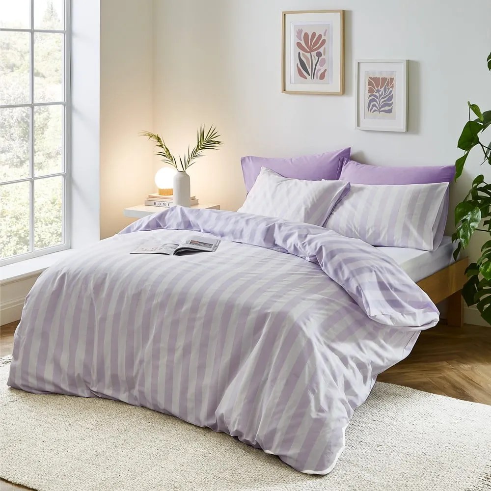 Set copripiumino e federa bianco e lavanda per letto matrimoniale e per letto esteso 230x220 cm Stripe Tease – Sassy B