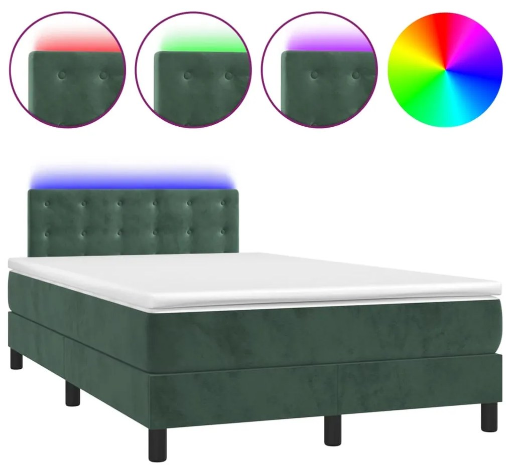 Letto a molle con materasso e led verde scuro 120x200cm velluto