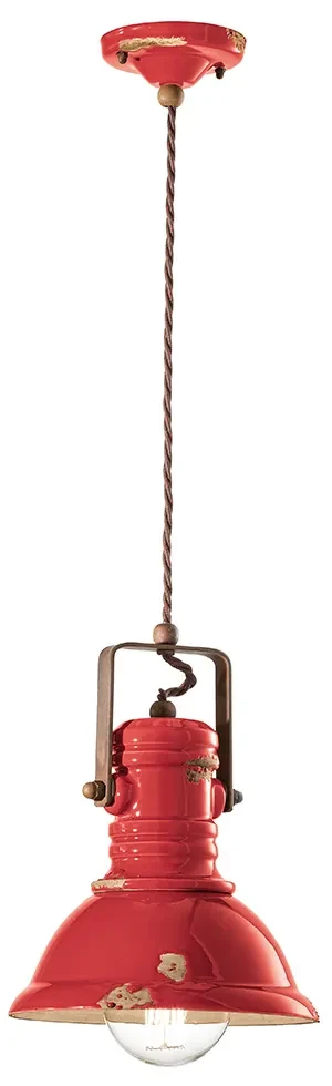 Lampadario Industrial Ferro E Ceramica Vintage Rosso 1 Luce E27 23Cm