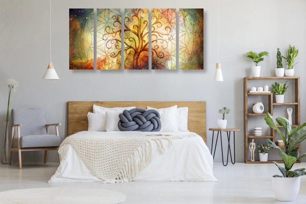 Quadri 5 pezzi – Albero con fiore della vita