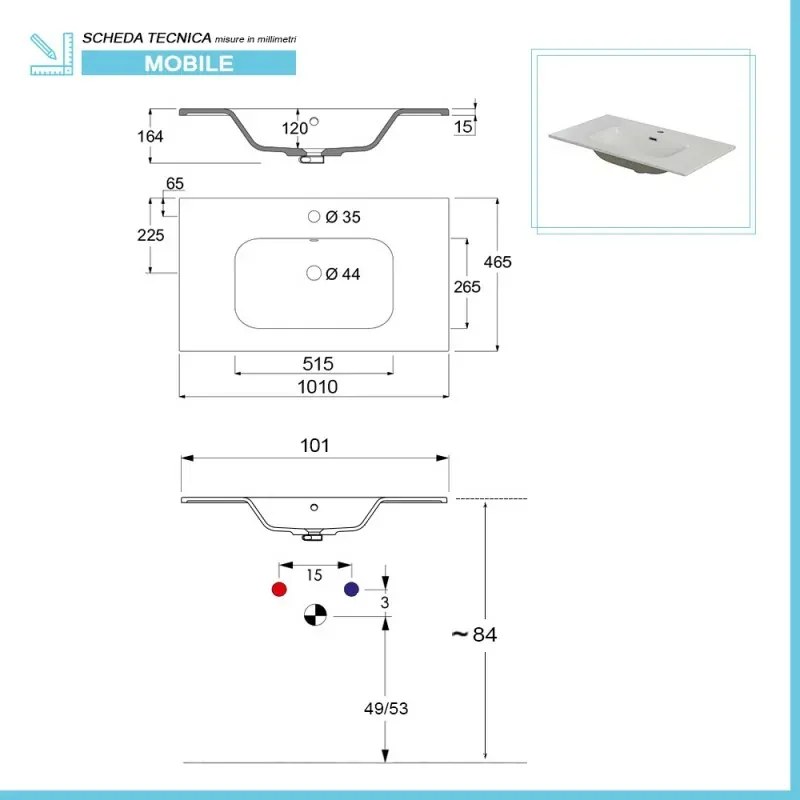 Mobile bagno da terra 100 cm linea Way bianco lucido con specchio e lavabo