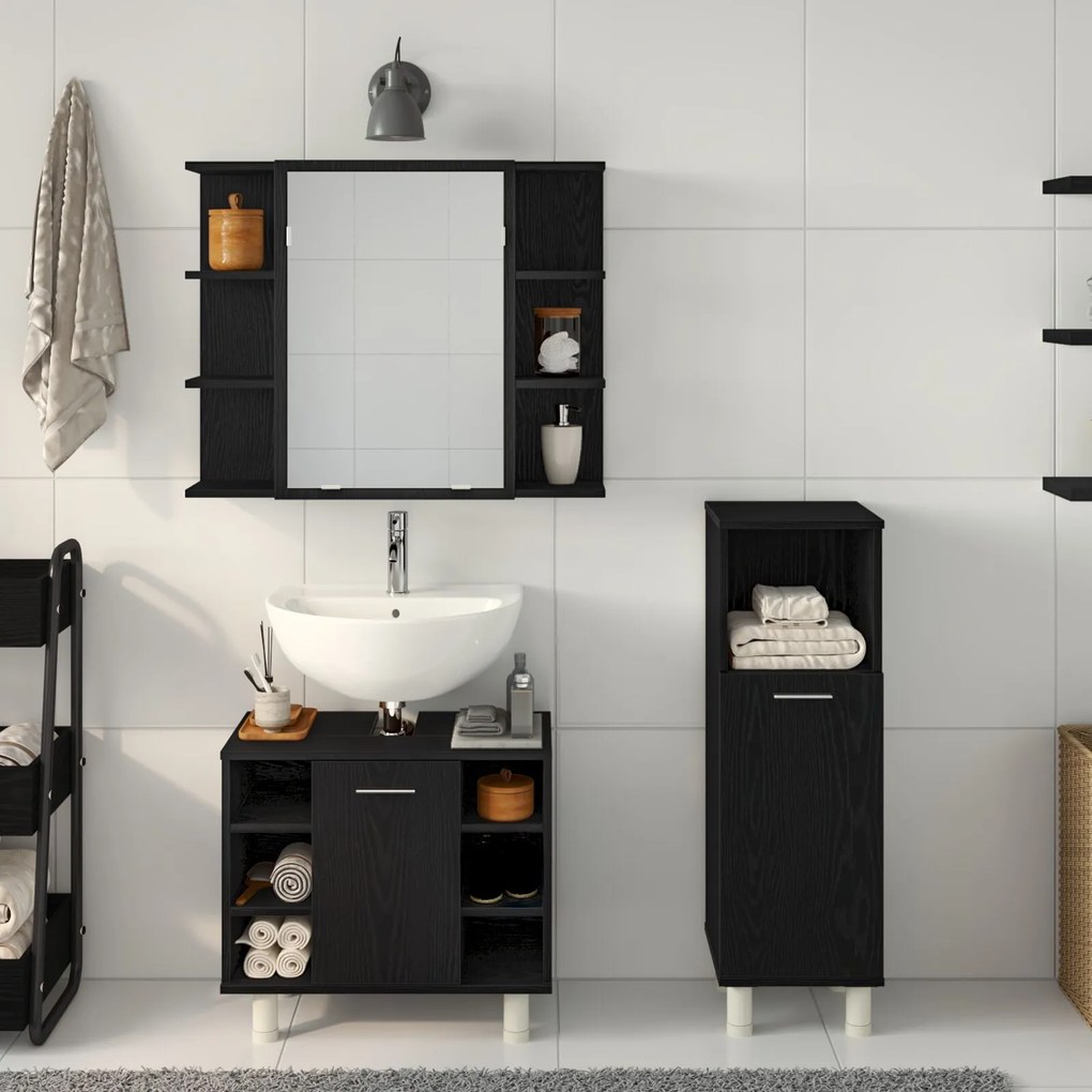Set di mobili da bagno set di 3 rovere nero legno ingegnerizzato