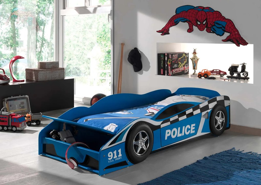 Lettino auto polizia per bambini, blu laccato