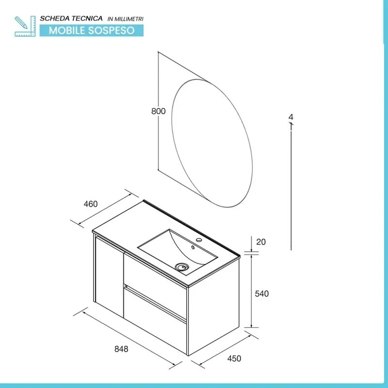Mobile bagno sospeso 85 cm nero con lavabo un anta e specchio inclusi linea Gaya
