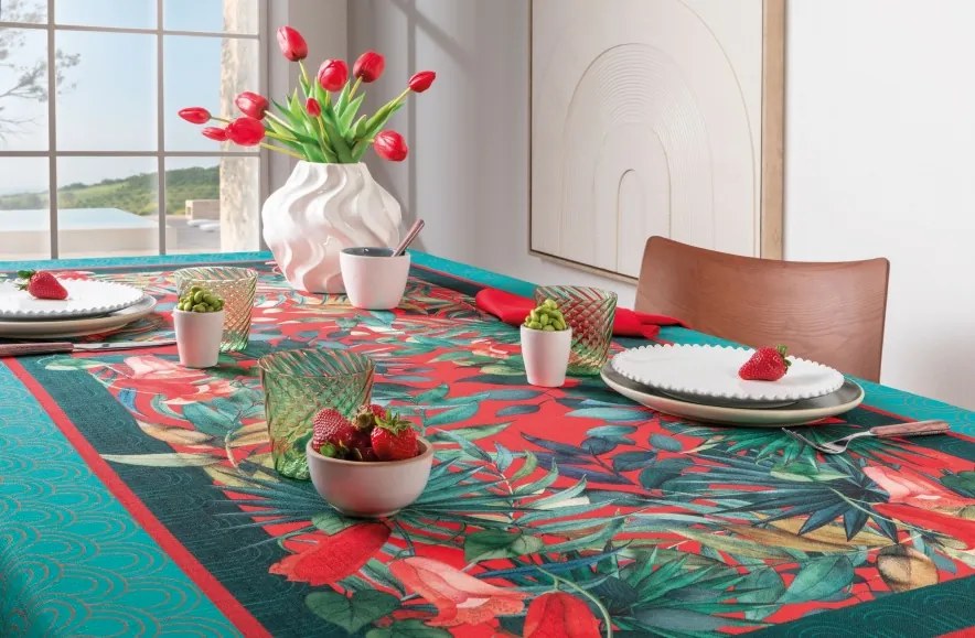 "L'Oca Nera" Tropical chic Tovaglia in filato antimacchia e idrorepellente - varie misure 155 X 180 - 6 POSTI