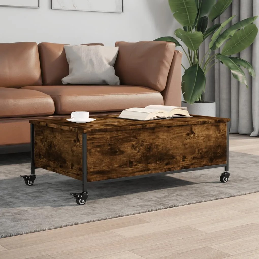 Tavolino Con Ruote Rovere Fumo 91x55x34 Cm İn Legno Multistrato /