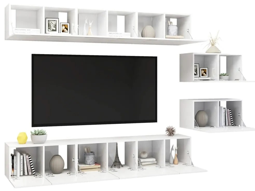 Mobili Porta TV 8 pz Bianco Lucido in Legno Multistrato