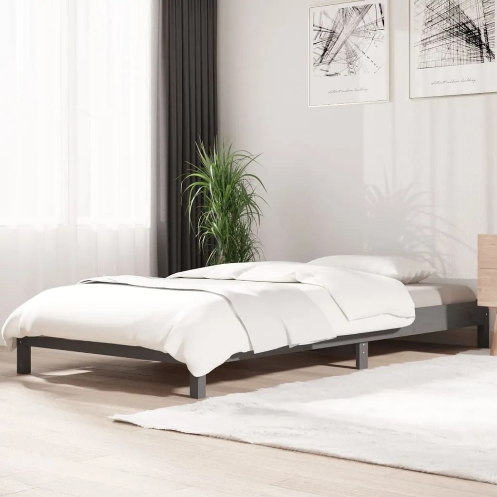 Letto Impilabile Grigio 75x190 Cm İn Legno Massello Di Pino /