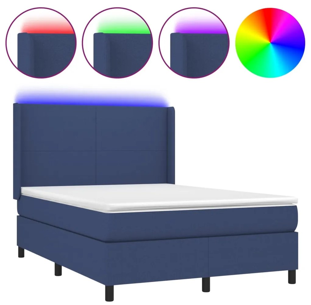 Letto a molle con materasso e led blu 140x200 cm in tessuto