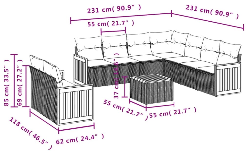 Set divani da giardino 10pz con cuscini in polyrattan nero