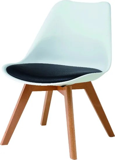 Sedia in polipropilene bianca con cuscino nero in ecopelle,struttura base legno