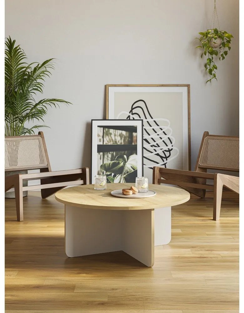 Tavolino da salotto rotondo color crema/di colore naturale con piano effetto rovere ø 80 cm Hillary – Marckeric