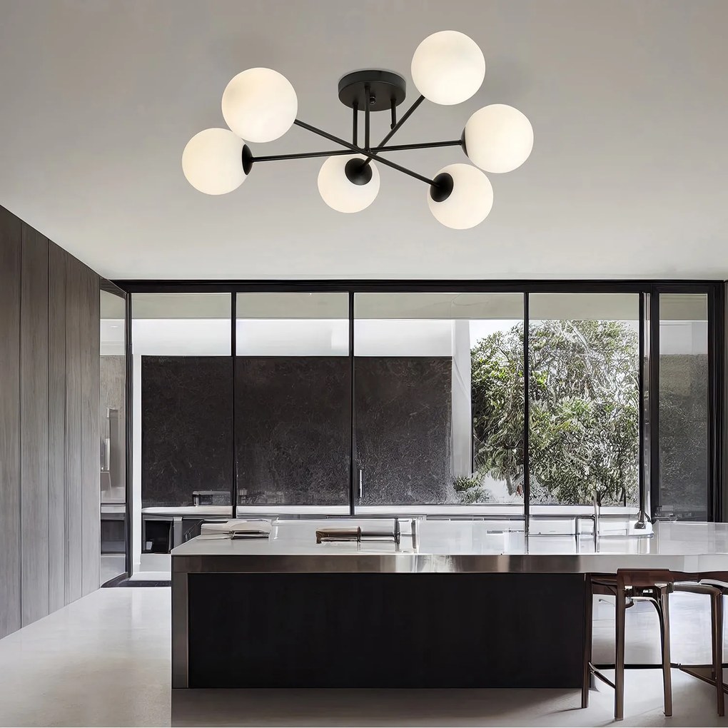 Plafoniera Moderna Morrigan 6 Luci In Acciao Nero E Sfere In Vetro Bianco