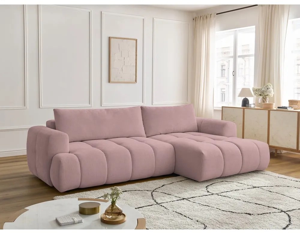 Divano angolare rosa allungabile e con contenitore (penisola a destra/chaise lounge) con rivestimento in ciniglia Fuji – Bobochic Paris