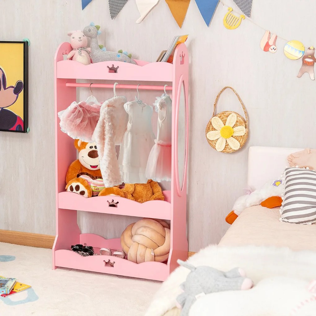 Costway Armadio con specchio e appendiabiti per bambini, Mobile organizer giocattoli e vestiti con disegni di corona Rosa