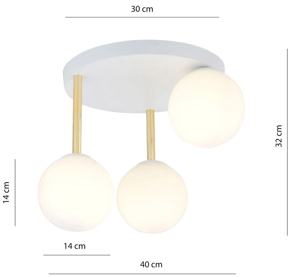 Plafoniera Contemporanea 3 Luci Teseo In Acciaio Bianco Oro E Sfere Vetro Bianco