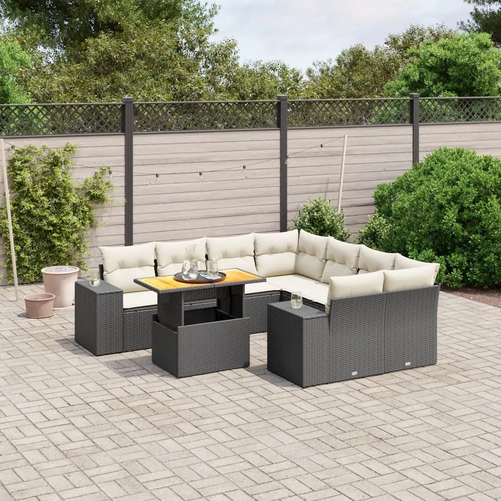 Set divani da giardino 9 pz con cuscini nero in polyrattan