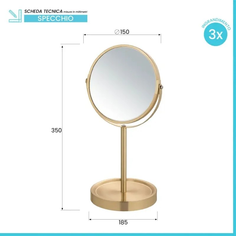 Specchio trucco da appoggio 35H in acciaio oro opaco con ingrandimento 3x e base portaoggetti