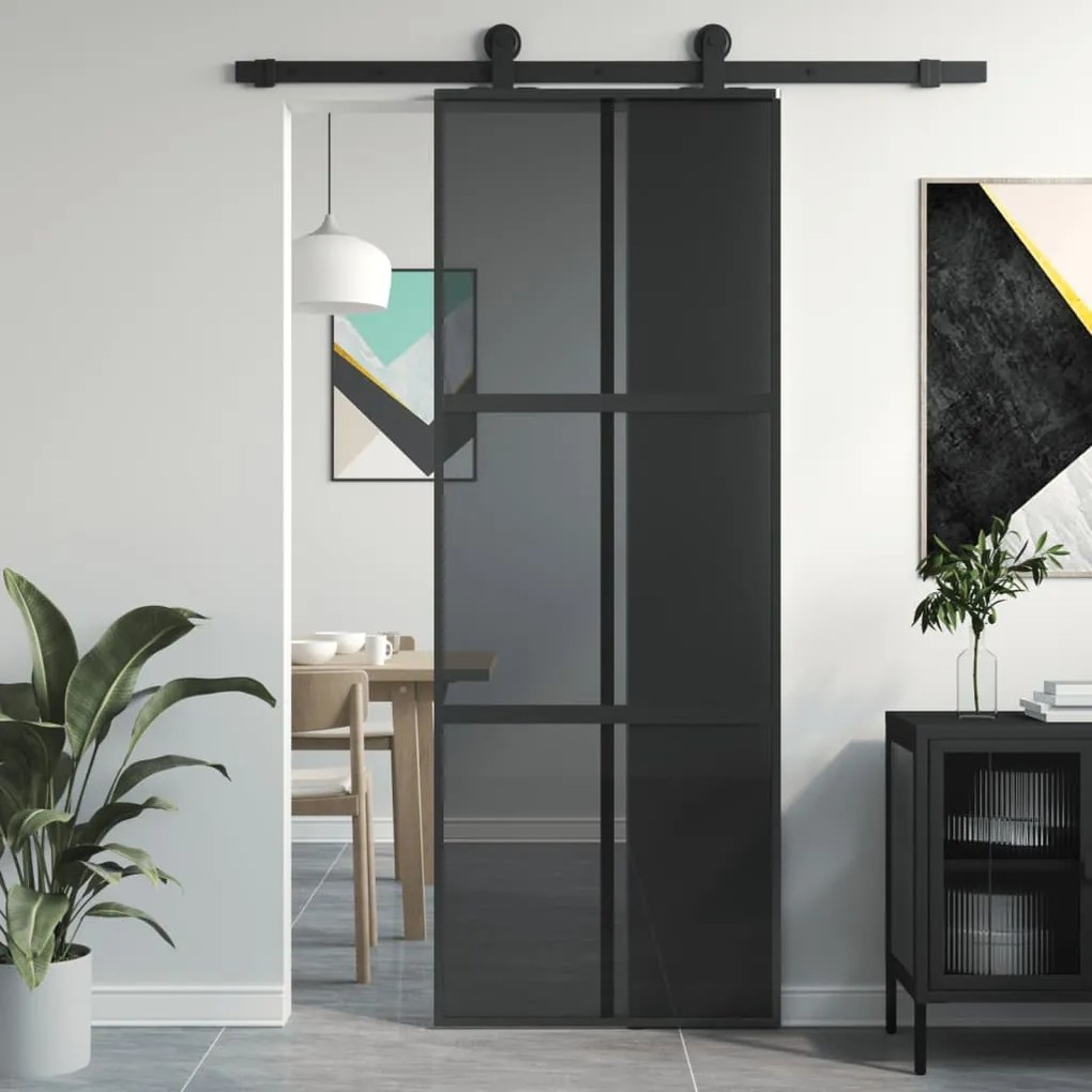 Porta Scorrevole Nera 76x205 Cm İn Vetro Temperato E Alluminio /