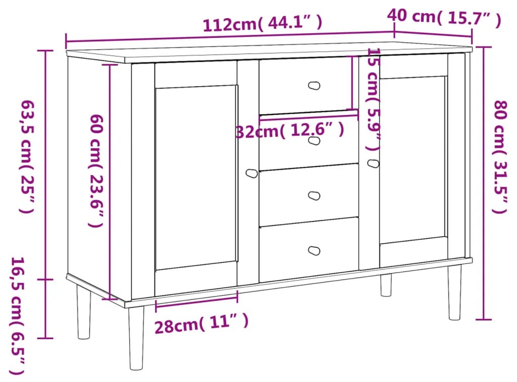 Credenza SENJA Aspetto Rattan Bianco 112x40x80 cm Massello Pino