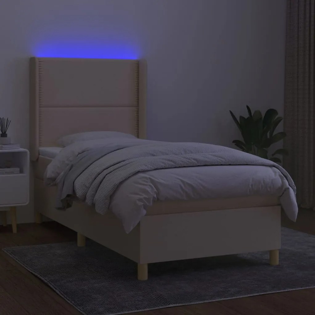 Letto a molle con materasso e led crema 90x200 cm in tessuto