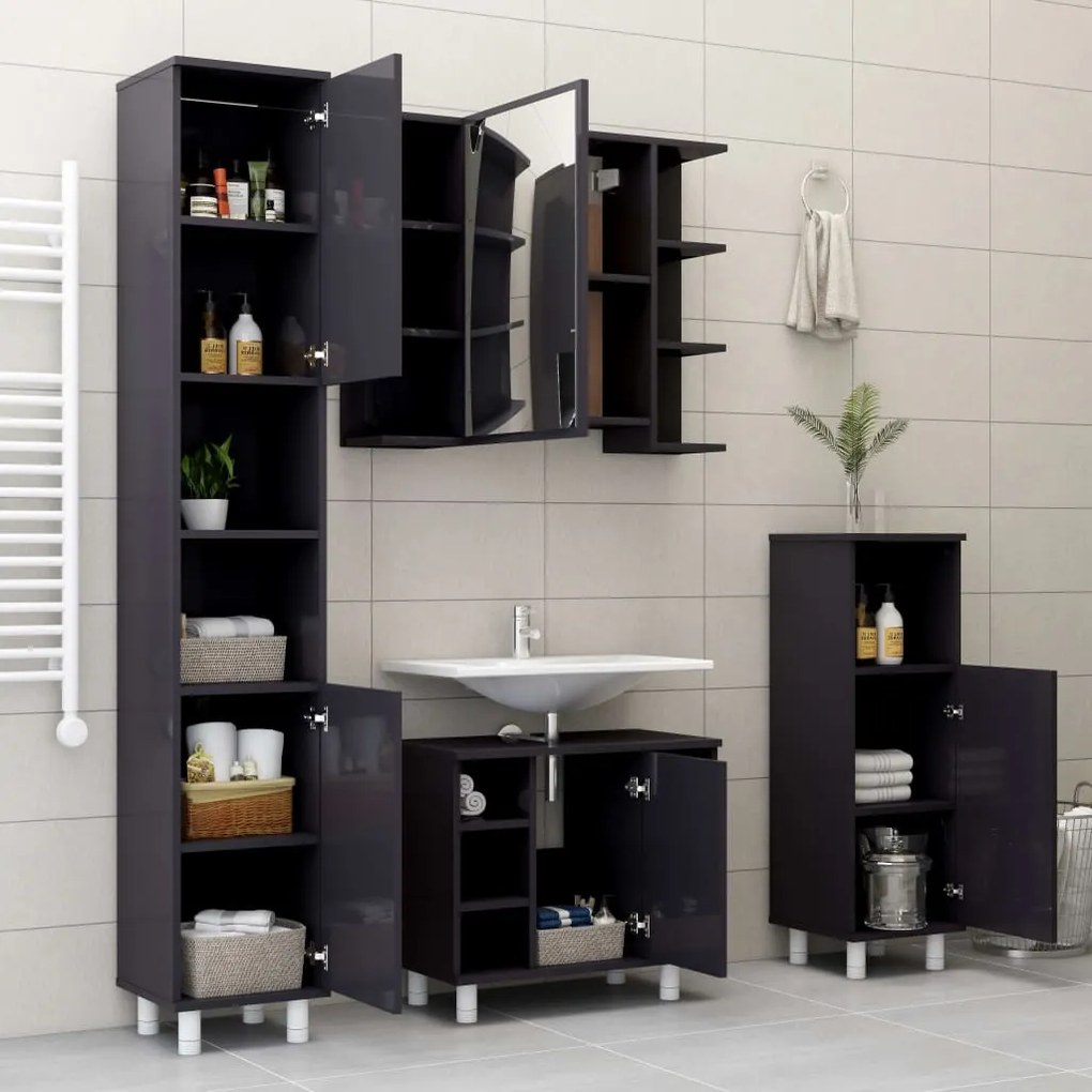 Set Mobili da Bagno 4 pz Grigio Lucido in Truciolato