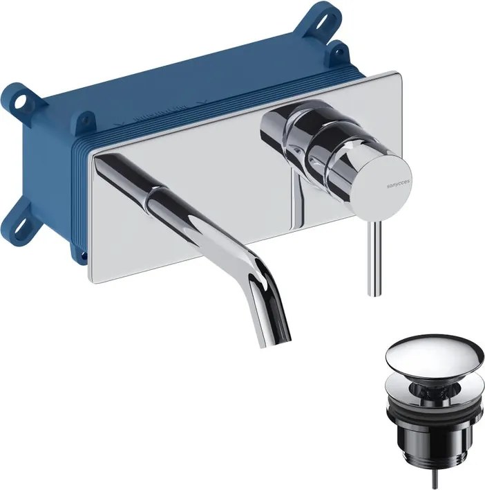 Rubinetto per lavabo Loop monocomando a parete per lavabo bocca 14cm + corpo incasso + piletta di scarico + placa rettangolare cromato