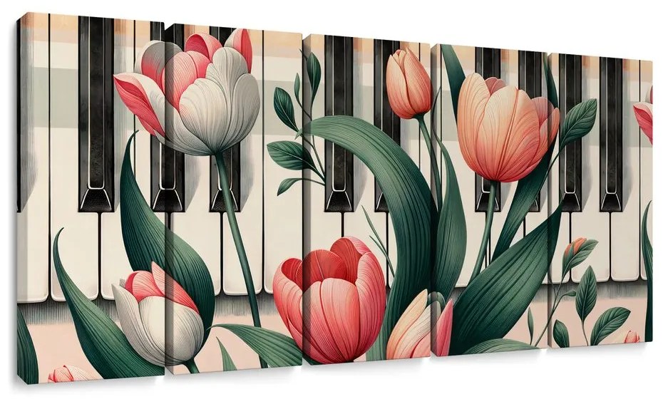 Quadri 5 pezzi – Pianoforte e tulipani in sinfonia floreale