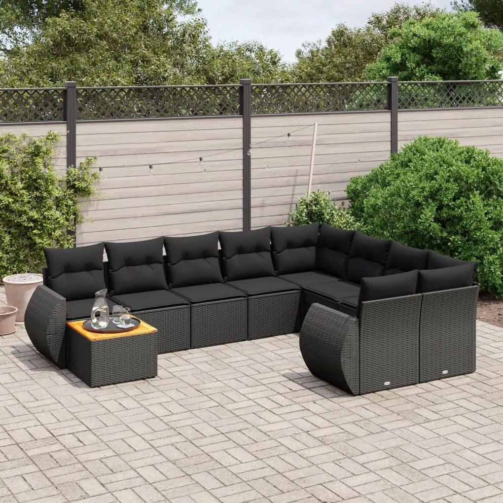 Set divani da giardino 10pz con cuscini in polyrattan nero