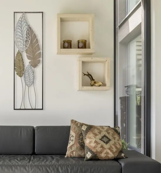 Pannello Decorativo In Ferro E Legno Foglie 30,5x1,9x91 Cm Oro E Argento Ver.B