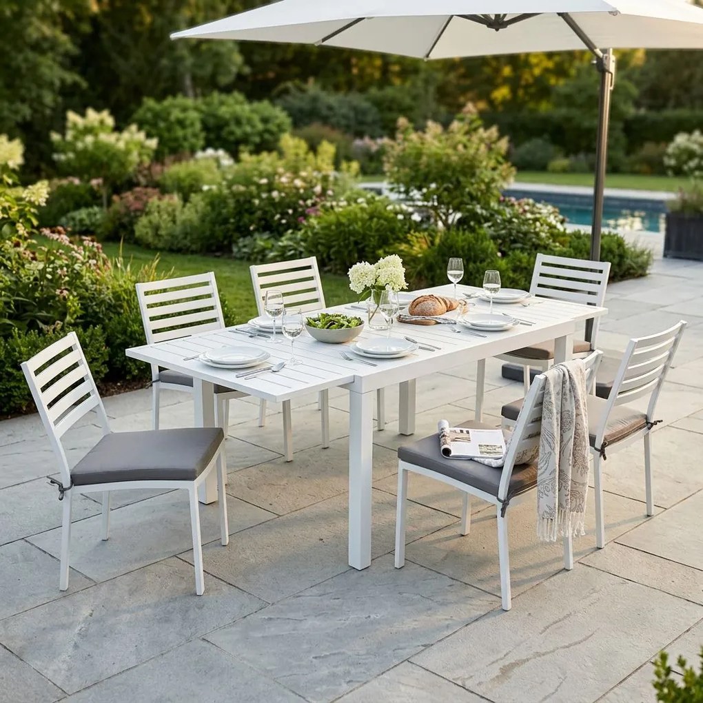 DEXTER - set tavolo in alluminio cm 160/240 x 90 x 75 h con 6 sedie Dexter