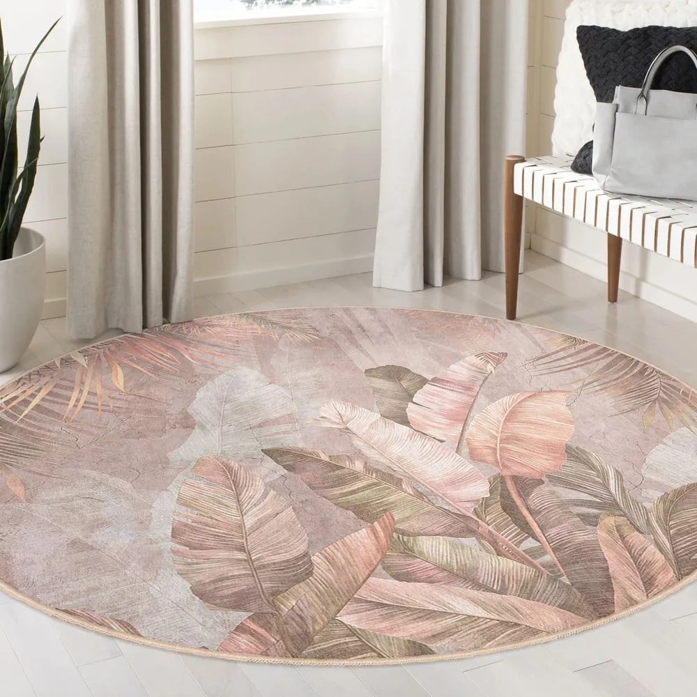 Tappeto rotondo in rosa chiaro lavabile ø 100 cm Dusty Leaves – Mila Home