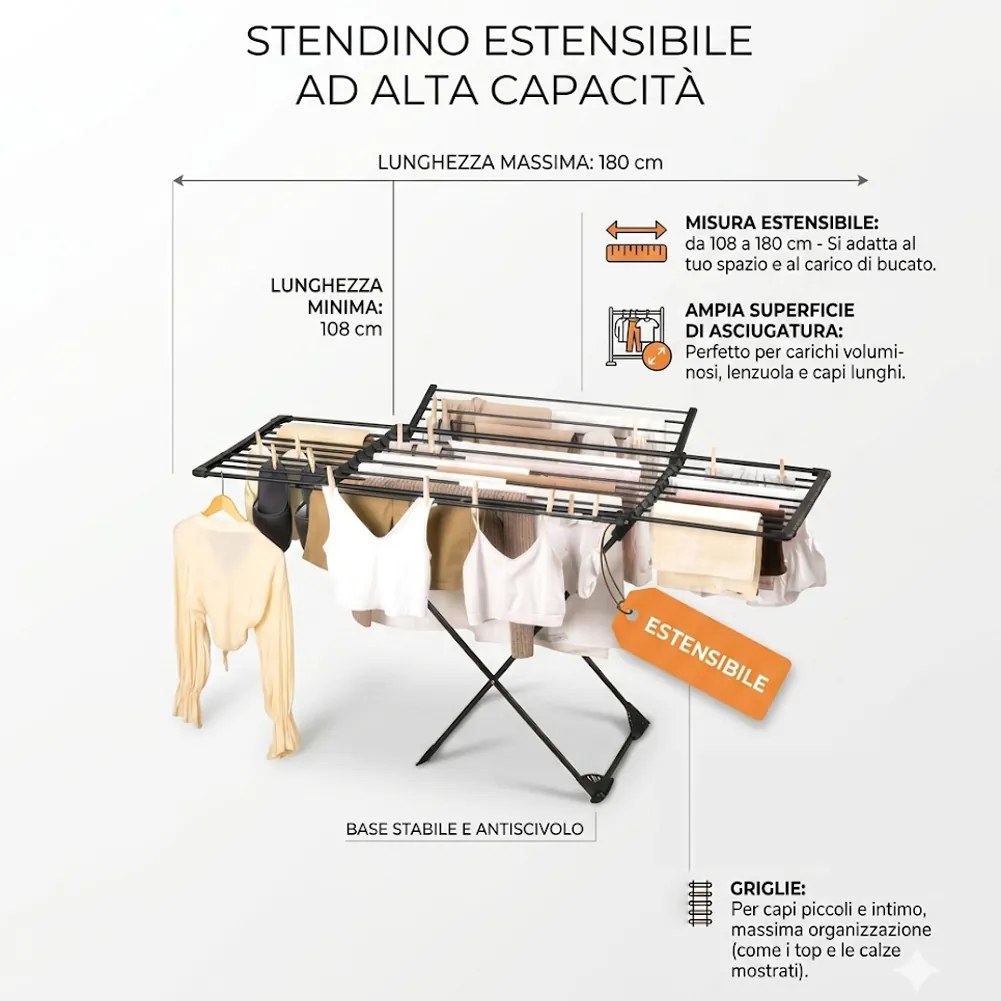 Stendibiancheria Allungabile 108-182 cm Stendino Salvaspazio Capacità 20 kg Estensibile in Ferro e PP Nero...