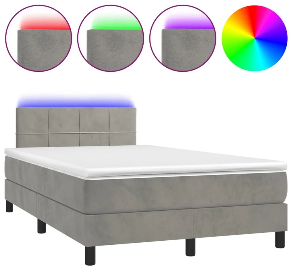 Letto a molle materasso e led grigio chiaro 120x200 cm velluto