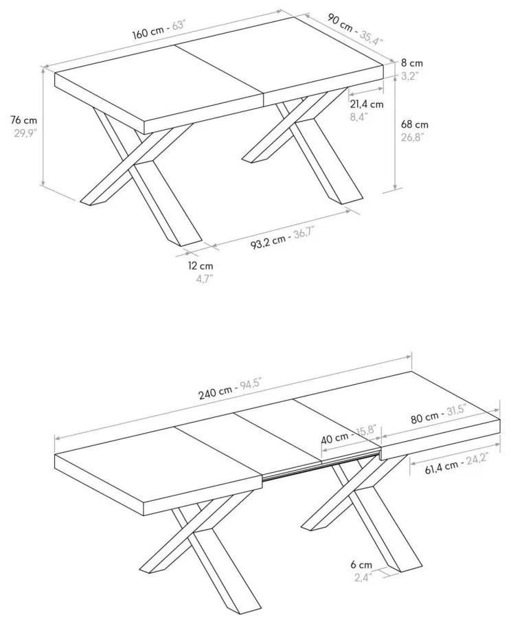 Tavolo allungabile AMALFI in legno effetto bianco frassinato e gambe a X antracite, allungabile 160×90 cm – 240×90 cm