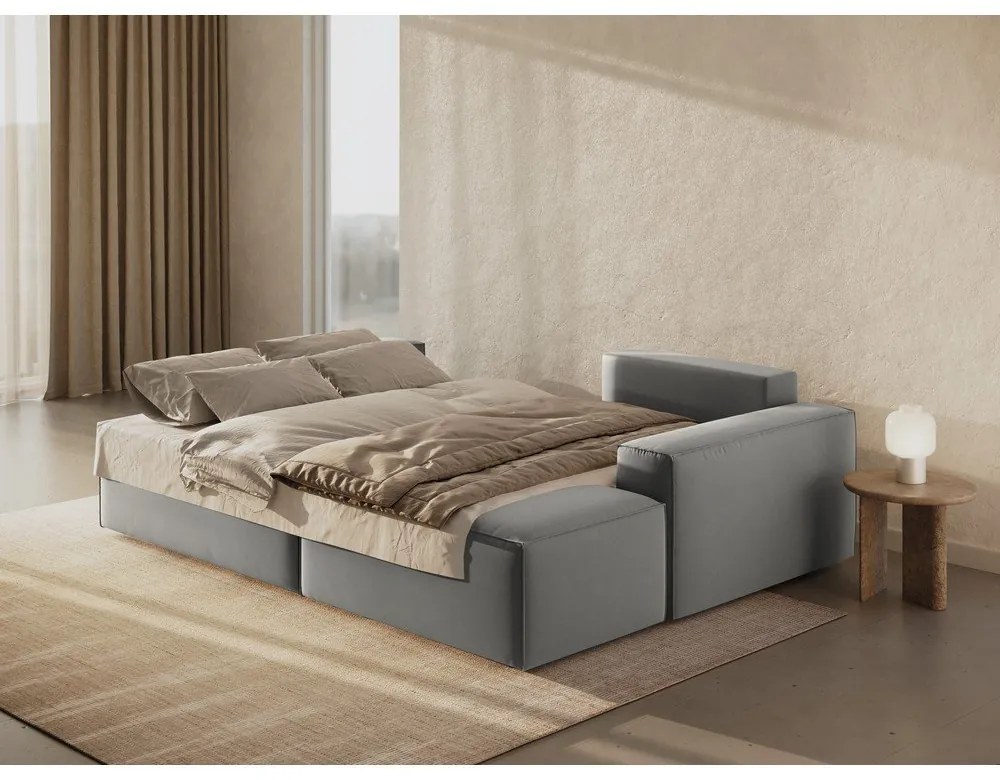 Divano angolare grigio chiaro allungabile/con contenitore (con penisola a destra/con chaise lounge) con rivestimento in velluto Jodie – Micadoni