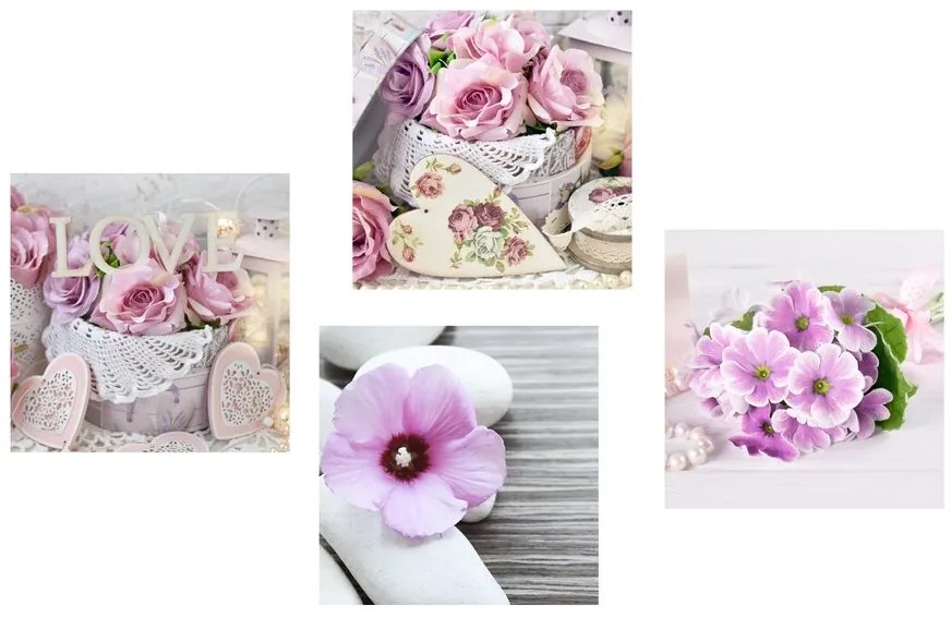 Set di quadri – Fiori romantici con scritta Love