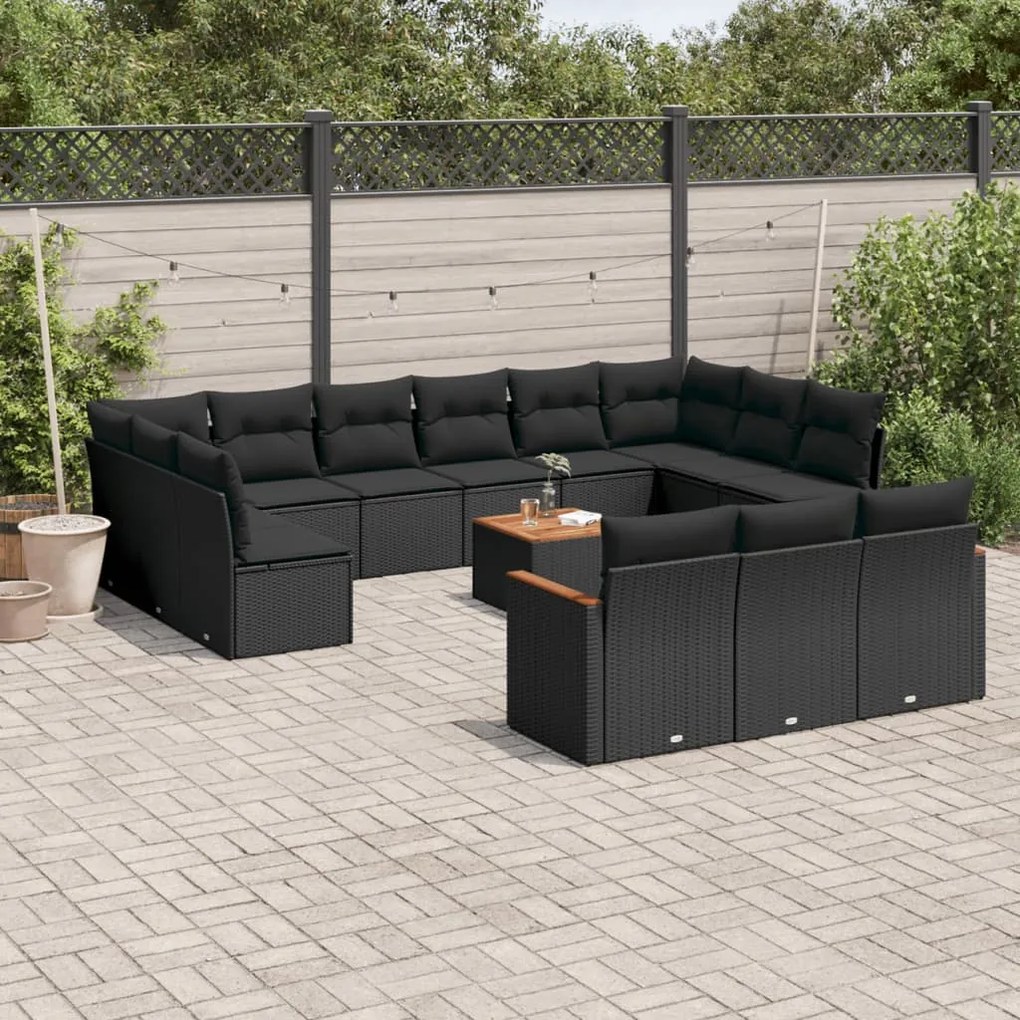 Set divani da giardino 14pz con cuscini in polyrattan nero