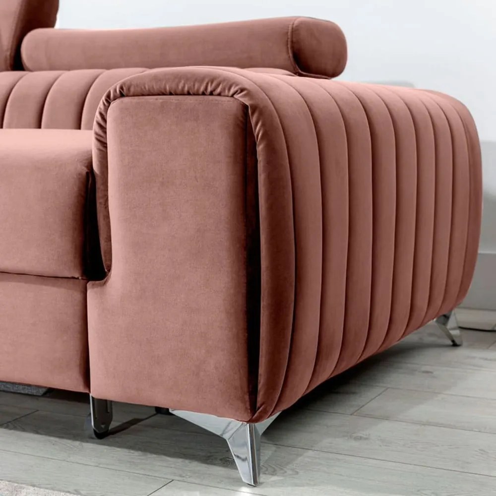 Divano angolare rosa allungabile/con contenitore (con penisola a sinistra/con chaise lounge) e rivestimento in velluto Grayson – ELTAP
