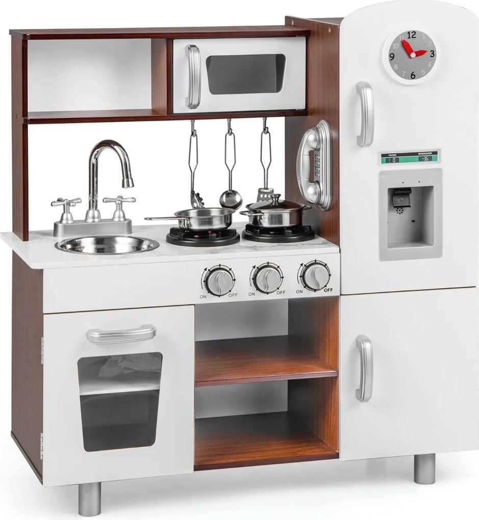 Costway Set di cucina giocattolo per bambini con suoni e luci realistiche, Cucina giocattolo in legno con fornelli Marrone
