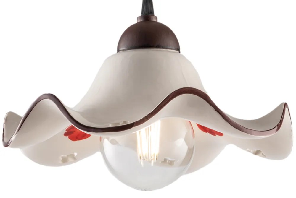 Sospensione 1 Luce Anemone In Ferro Laccato Ruggine E Ceramica Decorata