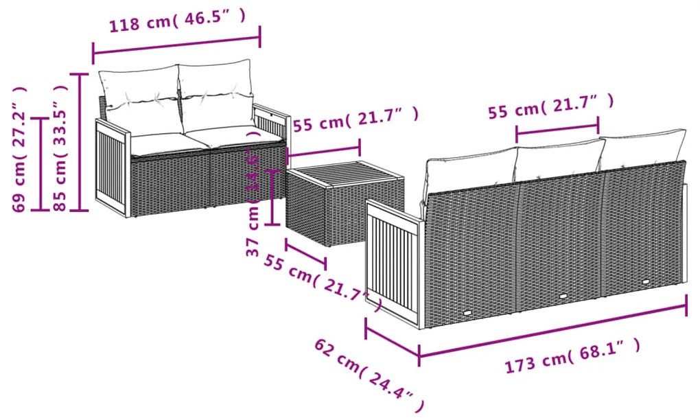 Set divano da giardino 6 pz con cuscini grigio in polyrattan