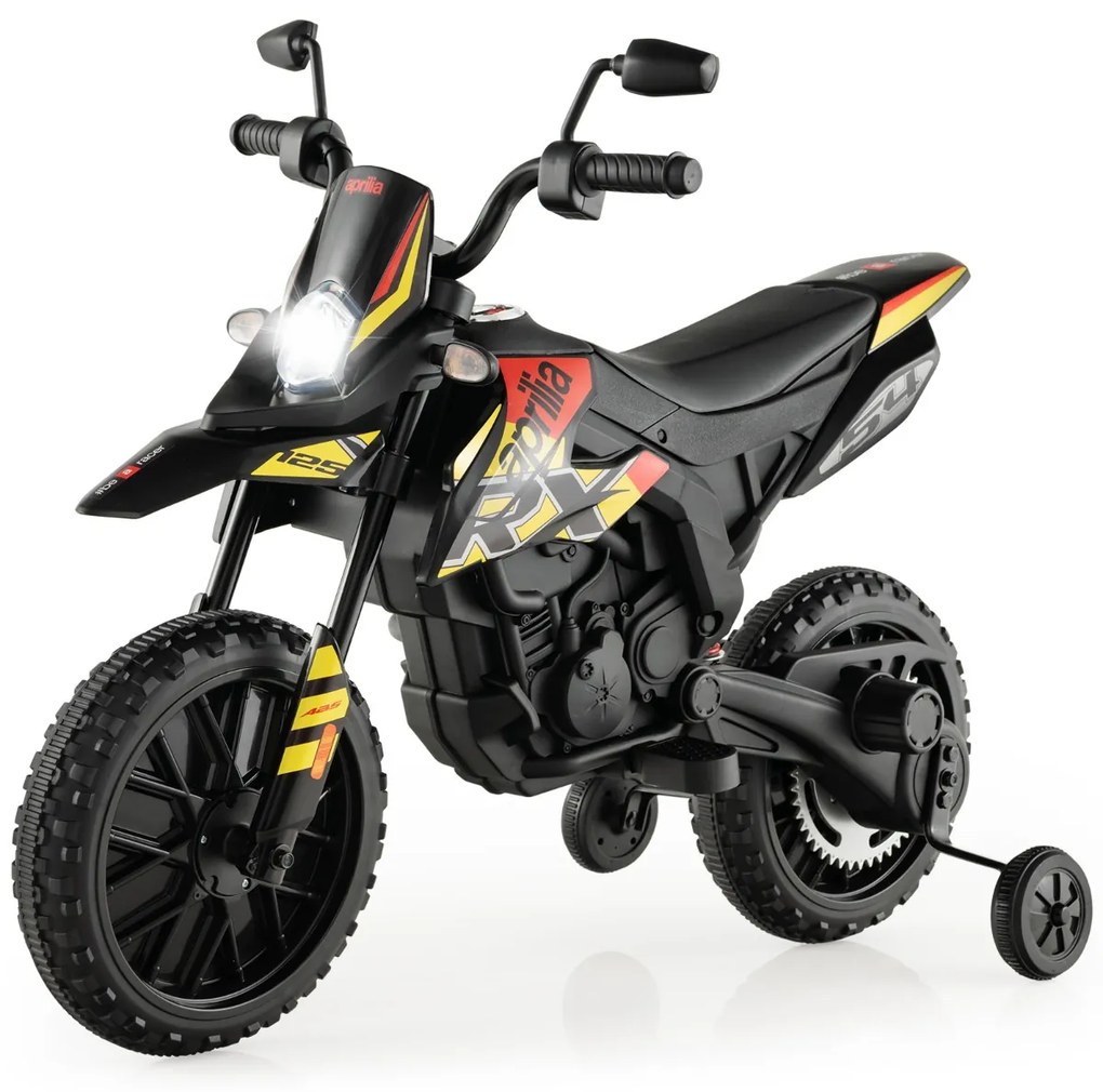 Costway Moto cavalcabile per bambini con licenza aprilia e 2 ruote aggiuntive, Moto elettrica 12V con musica 4 Colori