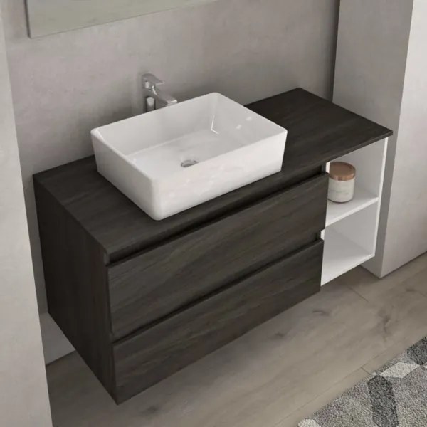 Mobile sospeso bagno 111 cm con lavabo e doppio cassettone olmo caffč CUBE3