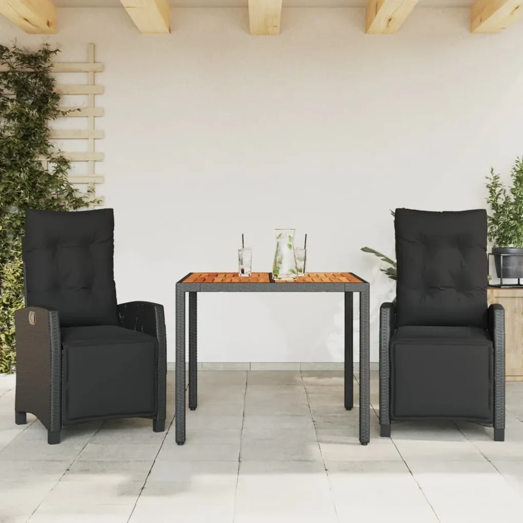 Set da pranzo da giardino 3 pz con cuscini nero in polyrattan
