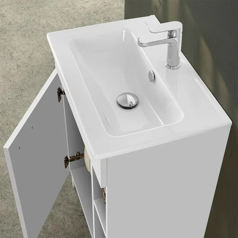 Mobile bagno a terra 60 cm bianco lucido con 1 anta lavabo e specchio Martha