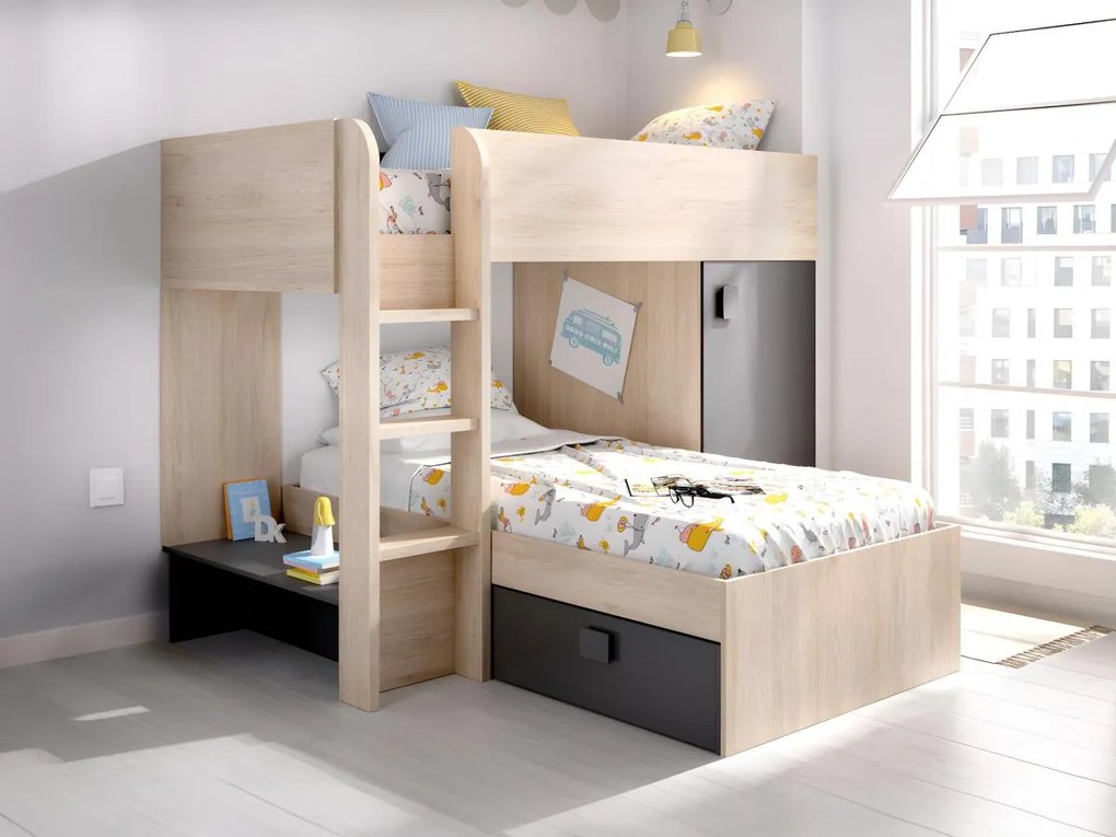 Letto a castello ad angolo reversibile Vani portaoggetti integrati 2 x 90 x 190 cm - Rovere e Antracite - RICARDO