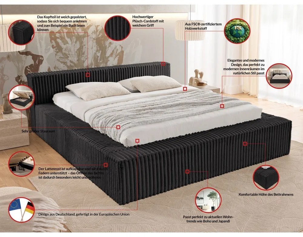 Letto matrimoniale imbottito nero con contenitore e rete inclusi 200x200 cm Cloe – Ropez